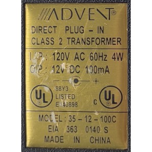 ADAPTADOR AC ADVENT / NUMERO DE PARTE 35-12-100C / INPUT: 120V AC 60 HZ 4W / OUTPUT: 12V DC 100mA	